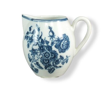 A Caughley robin's beak jugcirca 1785of barrel form, transfer-printed in underglaze blue with the Three Flowers and Butterfly