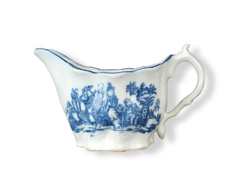A Caughley Chelsea ewer,circa 1785-90of spiral-fluted form with acanthus moulding, transfer-printed in underglaze blue with t