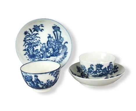 Two Caughley tea bowls and saucerscirca 1785transfer-printed in underglaze blue with the 'Birds in Branches' and 'Mother and 