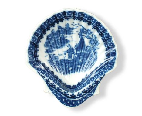 A Caughley pickle dishcirca 1780of scallop shell shape, transfer-printed in underglaze blue with the 'Pleasure Boat' or Fishe