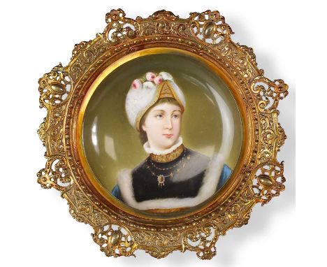 A German porcelain portrait plateearly 20th centurypainted with a quarter-length portrait of a lady in a turban adorned with 