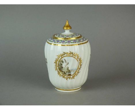 A Caughley polychrome tea canister and covercirca 1792-94of shanked form, the cover originally with a button knop finial, dec