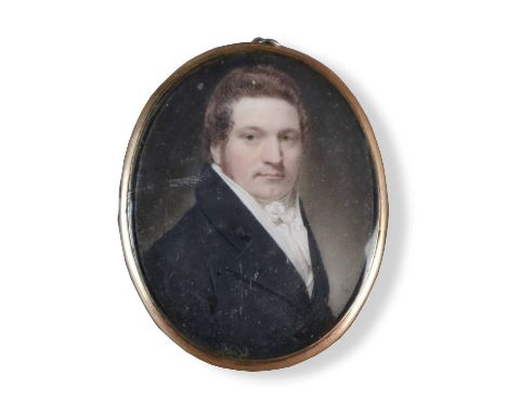 Half portrait of a gentleman looking to dexter, wearing a white stock and slate grey coat, with a memorial locket of hair and