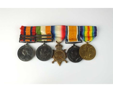 A group of five Boer War/World War I medals, comprising; Q.S.A. with two clasps 'Cape Colony' and 'Orange Free State', K.S.A.