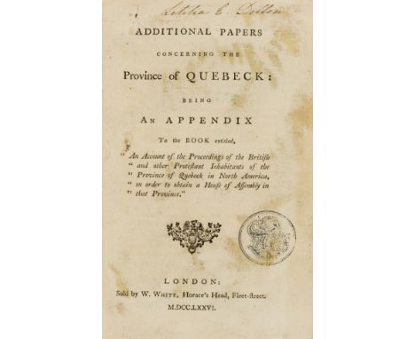 Canada.- [Maseres (Francis)] Additional papers concerning the Province of Quebeck, first edition, engraved hand-coloured map 