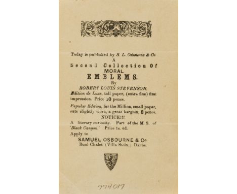 Stevenson (Robert Louis).- Today is published by S. L. Osbourne &amp; Co. A Second Collection of Moral Emblems, 1 p., broadsi