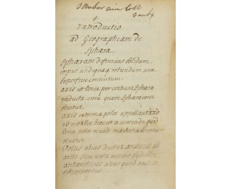 Geography.- Introductio ad Geographiam de Sphæra, 65pp., text in Latin, [c.1700] bound with Ad Chronologicas quæstiones, 199p