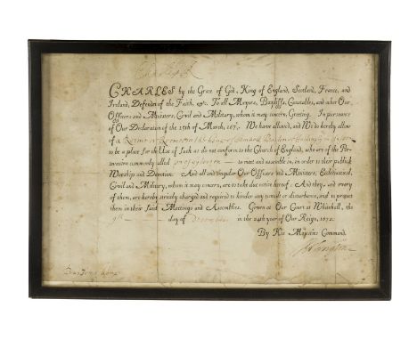 Charles II (King of England, Scotland, and Ireland, 1630-85) Licence signed "Charles R" and countersigned "Arlington" to Samu