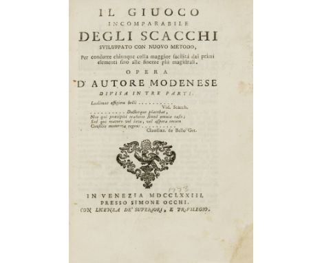 Chess.- Ponziani (Domenico Lorenzo) Il Giuoco Incomparabile degli Scacchi, second edition, woodcut decorations and decorative