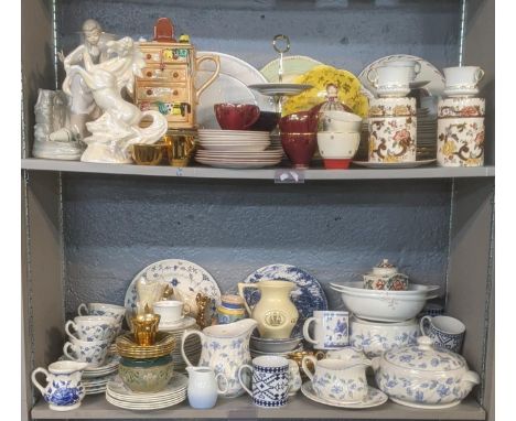 A large mixed lot of ceramics and collectables to include Bristol blue tableware, Lladro Nao figurine, pottery items, blue an