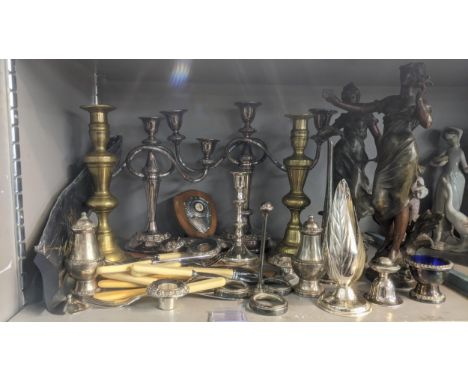 A mixed lot of metalware A/F to include two spelter maidens, mixed silver plated items and othersLocation: 11.2If there is no