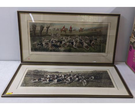Two hunting scenes, both depicting dogs and figures on horseback, both engravings by E M Hestor framed and glazed Location: R