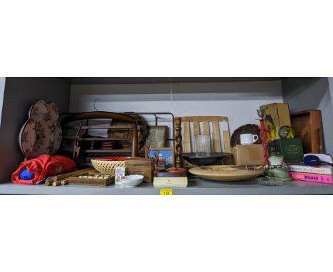 A mixed lot of household items and ornaments to include a turned wooden bowl, barley twist candlesticks, and a glass paperwei