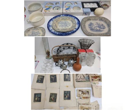 A mixed lot of ceramics to include two boxed Wedgwood Peter Rabbit sets, a boxed mug, two chamber pots, a collection of blue 