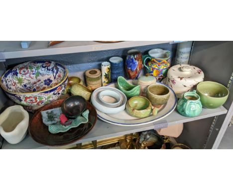 A mixed lot of ceramics to include an Amhurst Japan ironside bowl on stand, a hand painted old Courtware vase, a Denby coffee