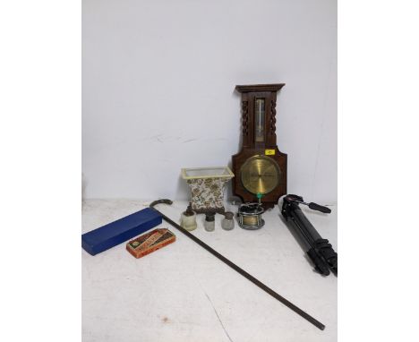 A mixed lot to include a walking cane with white metal handle, an oak cased wall barometer, two silver topped and cut glass d