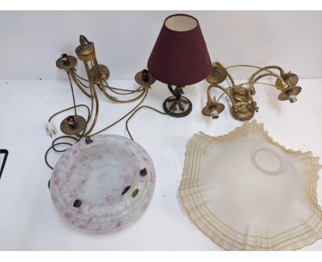 A 1930's glass ceiling lamp shade with a Christopher Wray sticker along with another glass ceiling lamp shade, a  metal lamp,