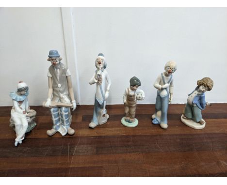 Six porcelain figures to include Nao by Lladro 'Travelin' Man', three Casades clown figures, a Nao by Lladro 'Love Letter' fi
