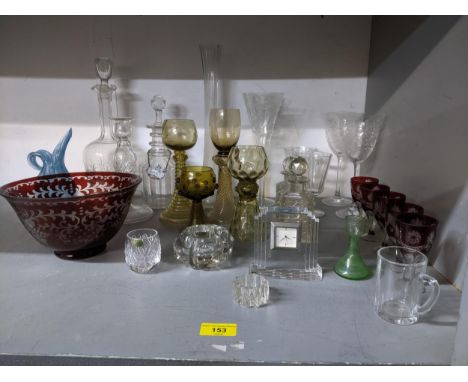 A mixed lot of glassware to include a group of four German roemers to include a double bowled example with honeycomb moulding