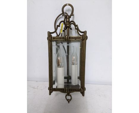 A mid-20th century gilt brass hall lantern with four etched glass panel shade Location: GIf there is no condition report show
