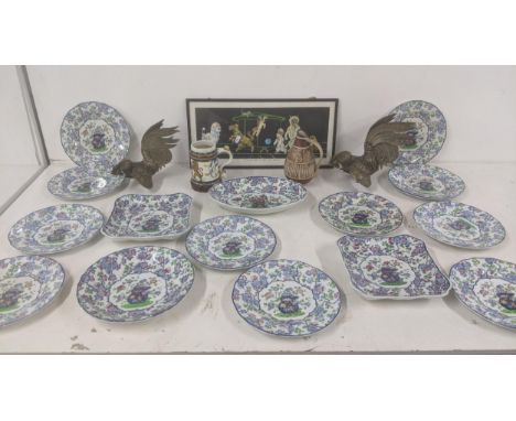 A mixed lot to include early 20th century Copeland Spode tableware, a pair of brass cocktail and Italian pottery tankard an s