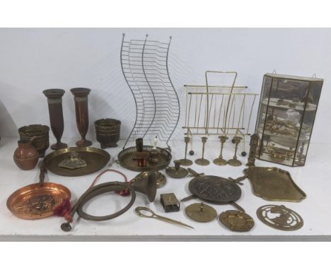 A selection of metalware, mostly brassware to include a brass and glass cased display cabinet with various sculptures, trays,