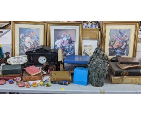 A mixed lot to include a Victorian marble 8-day mantel clock, paperweights, framed pictures, books, binoculars and other item