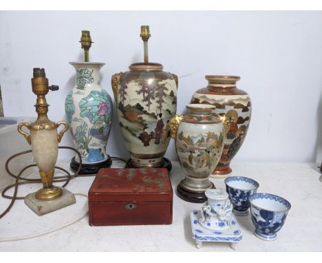 A selection of Japanese ceramics and other items to include a Japanese Satsuma vase on wooden stand, a blue and white porcela