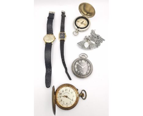 A collection of vintage watches and compass, including a rolled gold chronometer, a vintage marcasite set opening fan pendant