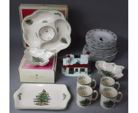 A Collection of Christmas China to include Spode Christmas Tree Pattern Platter, Spode Christmas Tree Dishes, Mugs, Serving T