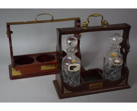 Two Modern Brass Mounted Tantalus Stands with Two Cylindrical Decanters and Whisky and Brandy Labels 