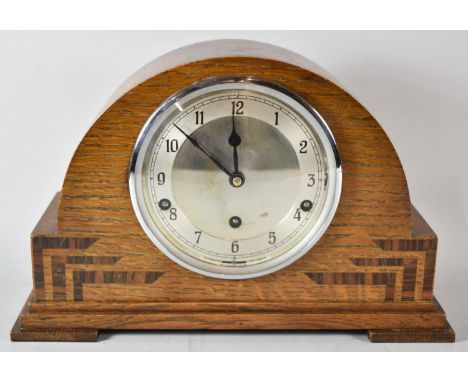 An Oak Art Deco Westminster Chime Mantle Clock with Banded Inlay, 35cm wide 