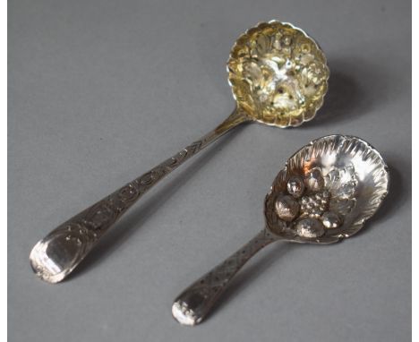 A Georgian Silver Tea Caddy Spoon with Berry Decoration Together with a Georgian Sifter Spoon 