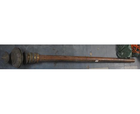 A Part Wooden Curtain Pole with Brass Finial and Rings 