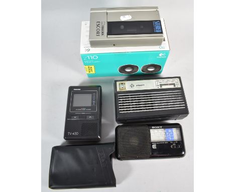 A Box of Vintage Electronics to Include Casio Pocket Colour Television, Ferguson Escort Stereo Cassette Player, Radios, Pair 
