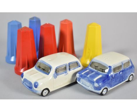A Set of Six Vintage Hexagonal Plastic Salt and Pepper Pots Together with Two Novelty Ceramic Examples in the Form of Mini Ca