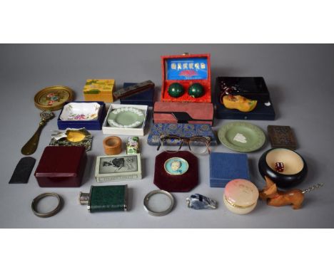 A Collection of Curios to Include Vintage Players Playing Cards, Small Hip Flask, Oriental Cased Worry Balls, Jasperware Dish