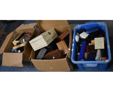 Three Boxes Containing Vintage Jewellery Boxes, Spectacle Cases, Ring Boxes etc 