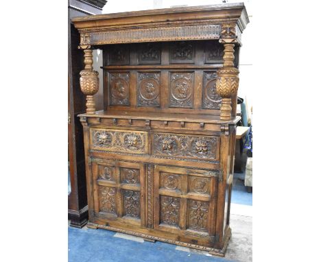 A Large and Impressive Carved Oak French Buffet Having Two Centre Drawers Over Panelled Doors to Cupboard Base, Raised Back w