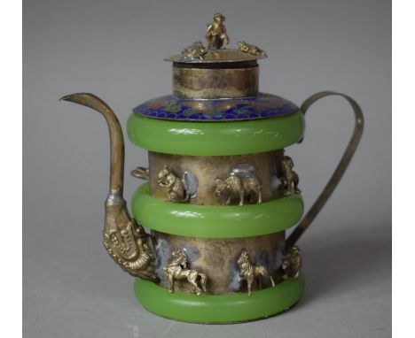 A White Metal, Jade and Cloisonne Teapot with Applied White Metal Zodiac Animals, 13cm high 