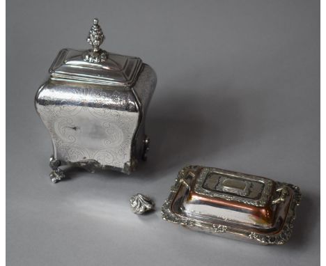 A Sheffield Plated Lidded Tea Caddy with Etched Decoration and Pineapple Finial, (One Foot AF) Together with a Miniature Rect