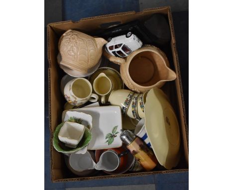 A Box of Various Ceramics to Include Three Graduated Woods Jugs (one AF), Part Lawleys Teaset, Sugar Sifter, Vintage Heart Sh