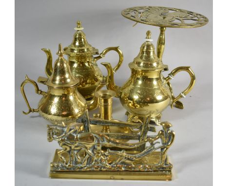 A Collection of Brassware to Include Three Coffee Pots, Circular Pierced Trivet, Bed Chamber Stick etc 