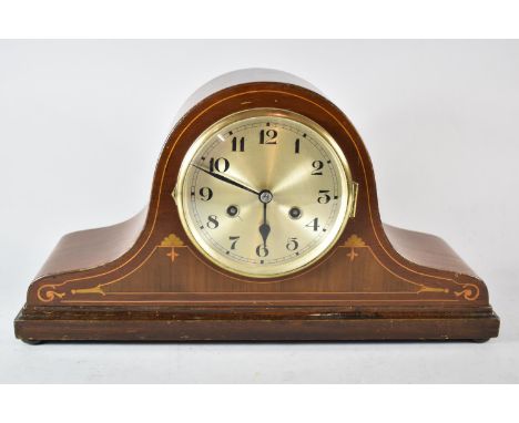 An Edwardian Inlaid Mahogany Napoleon Hat Mantle Clock with German Movement, 46cm Wide 