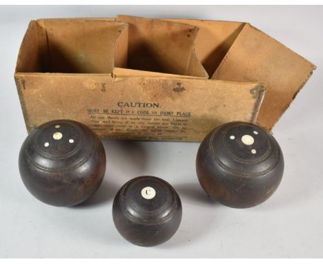 A Set of Vintage Turned Wooden Lawn Bowls with Jack, Monogrammed C 
