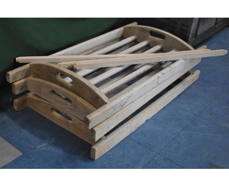 Three Vintage Wooden Slatted Two Handled Dairy Trays, 78cm long 
