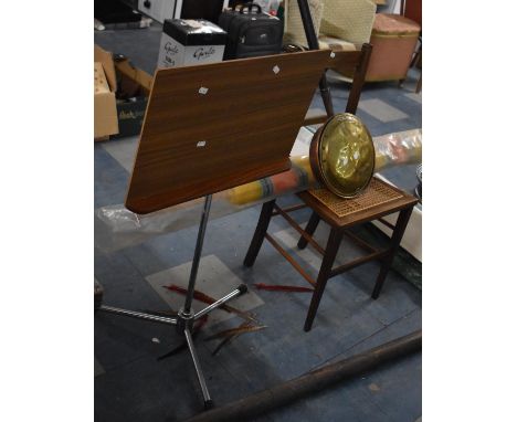 An Edwardian Cane Seated Bedroom Chair, Brass Bed Warming Pan, Vintage Wind Break and Chrome Based Lectern 