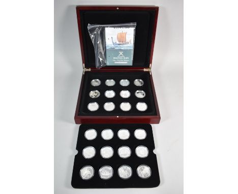 A Mahogany Cased Royal Mint Set of 24 Silver Proof Coins, "Legendary Fighting Ships" Complete with Loose Leaf Ring Binder, Ce