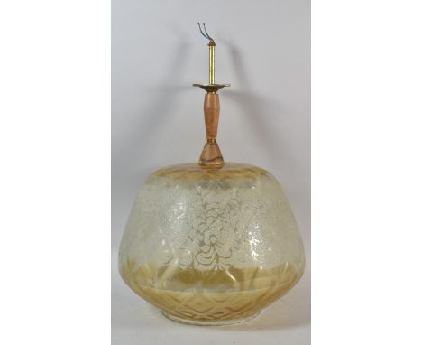 A 1970's Acid Etched Glass and Wooden Ceiling Light Fitting, 40cm High 