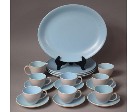 A Part Poole Grey and Blue Glazed Part Dinner and Coffee Set to Comprise Oval Meat Plate, Plates, Coffee Cans and Saucers 